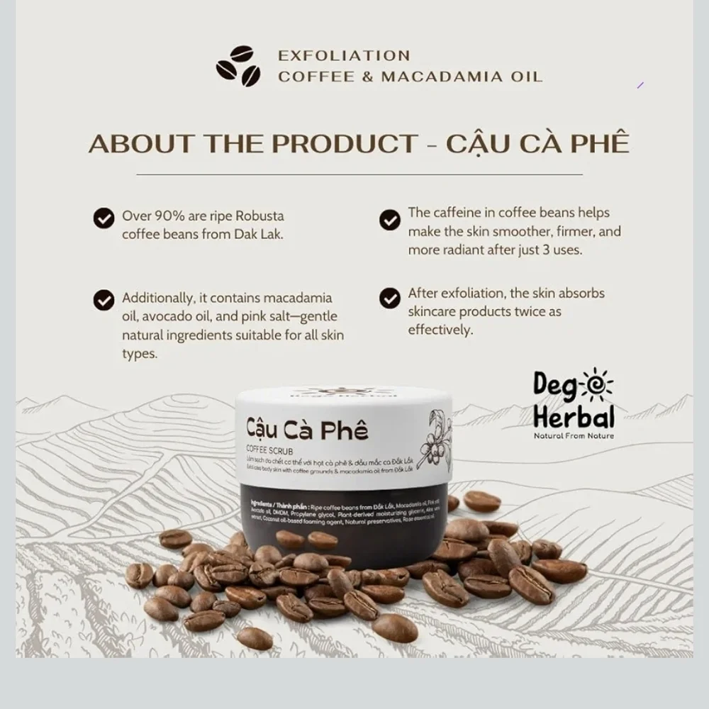 Cầu Cà Phê Coffee Scrub By Dego Herbal - Rich Brown White Sealed NWT 8.8oz